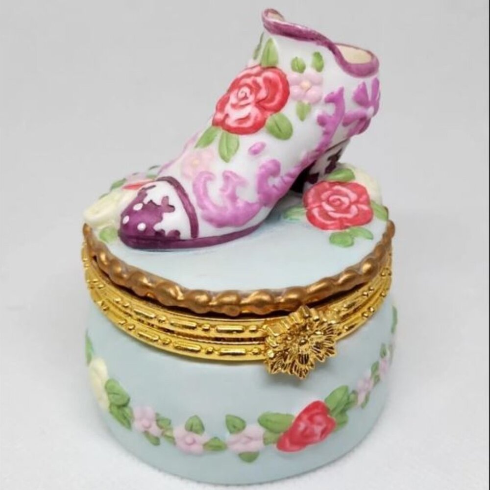 Porcelain And Metal Victorian Flower Womens Heel Boot Hinged Round Trinket Box